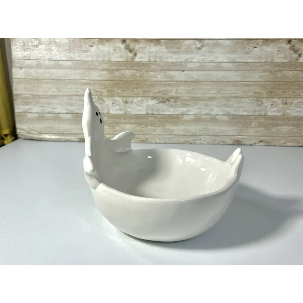 Haunted Manor White Ceramic Ghost Candy Bowl Dish Halloween Home Decor